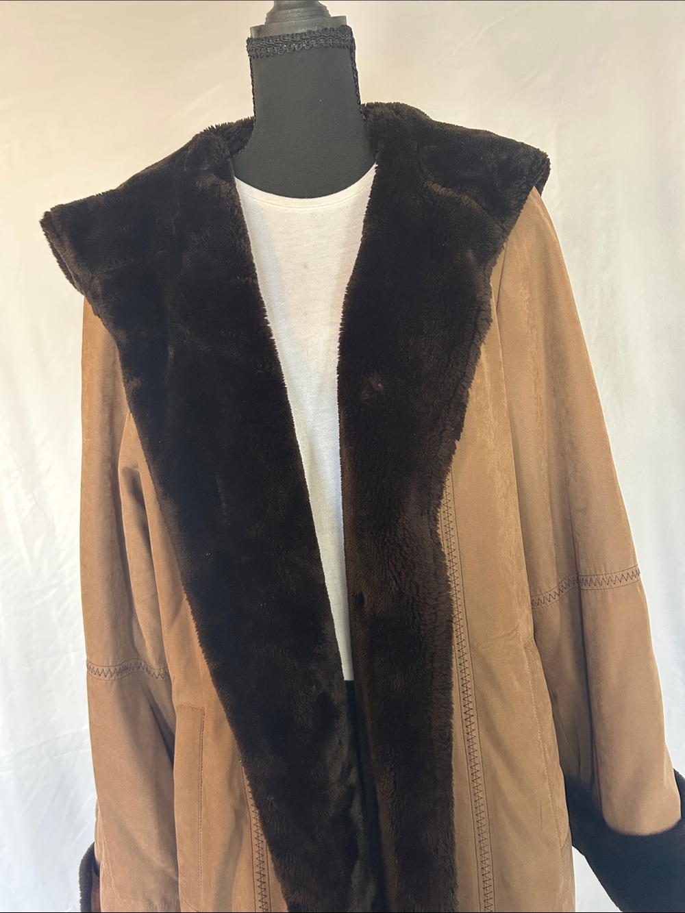 Utex Brown Faux-Suede Trench Coat with Dark Brown Faux-Fur Trim